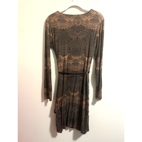 Desigual Why? 47V2048 Women's Brown Faux Wrap Embroidered Belted Dress sz. M - Picture 4 of 9
